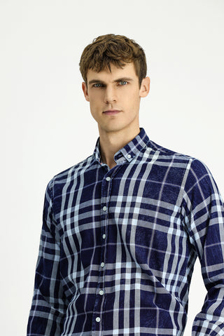  Koyu Lacivert Uzun Kol Regular Fit Ekose Spor Düğmeli Yaka Pamuk Gömlek