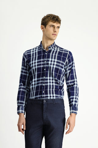  Koyu Lacivert Uzun Kol Regular Fit Ekose Spor Düğmeli Yaka Pamuk Gömlek