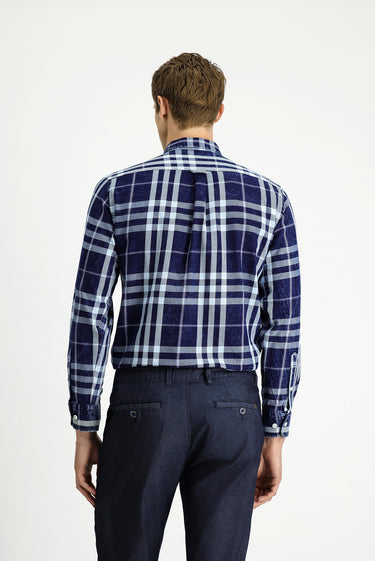 Koyu Lacivert Uzun Kol Regular Fit Ekose Spor Düğmeli Yaka Pamuk Gömlek