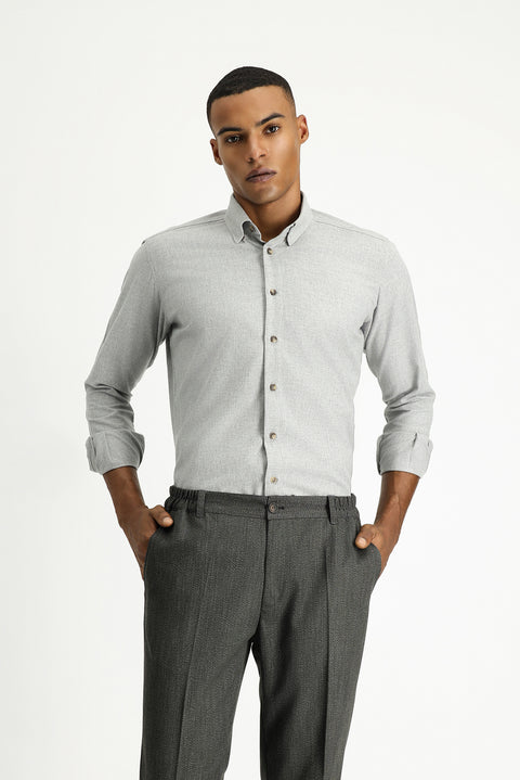 Açık Gri Uzun Kol Slim Fit Dar Kesim Oduncu Spor Pamuklu Düğmeli Yaka Gömlek