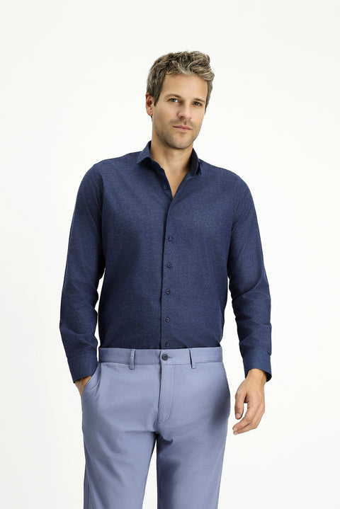 Koyu Lacivert Uzun Kol Slim Fit Dar Kesim Oduncu Spor Pamuklu Düğmeli Yaka Gömlek