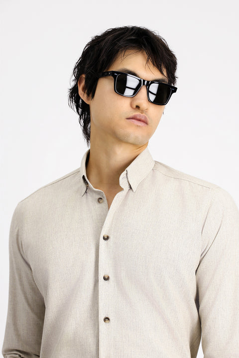 Açık Bej Uzun Kol Slim Fit Dar Kesim Oduncu Spor Pamuklu Düğmeli Yaka Gömlek