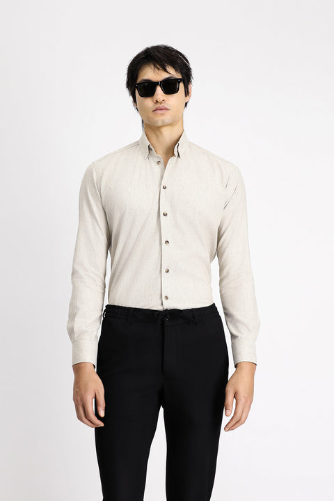 Açık Bej Uzun Kol Slim Fit Dar Kesim Oduncu Spor Pamuklu Düğmeli Yaka Gömlek