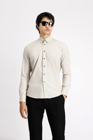  Açık Bej Uzun Kol Slim Fit Dar Kesim Oduncu Spor Pamuklu Düğmeli Yaka Gömlek