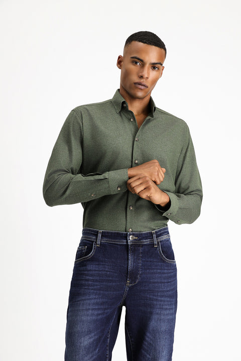 Orta Haki Uzun Kol Slim Fit Dar Kesim Oduncu Spor Pamuklu Düğmeli Yaka Gömlek