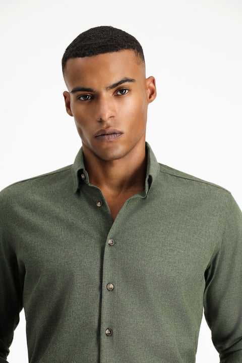 Orta Haki Uzun Kol Slim Fit Dar Kesim Oduncu Spor Pamuklu Düğmeli Yaka Gömlek