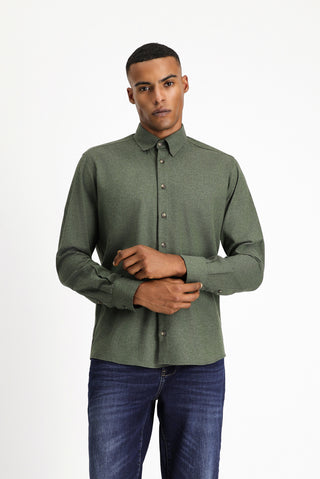  Orta Haki Uzun Kol Slim Fit Dar Kesim Oduncu Spor Pamuklu Düğmeli Yaka Gömlek