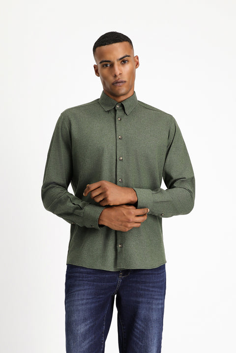 Orta Haki Uzun Kol Slim Fit Dar Kesim Oduncu Spor Pamuklu Düğmeli Yaka Gömlek