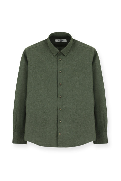 Orta Haki Uzun Kol Slim Fit Dar Kesim Oduncu Spor Pamuklu Düğmeli Yaka Gömlek