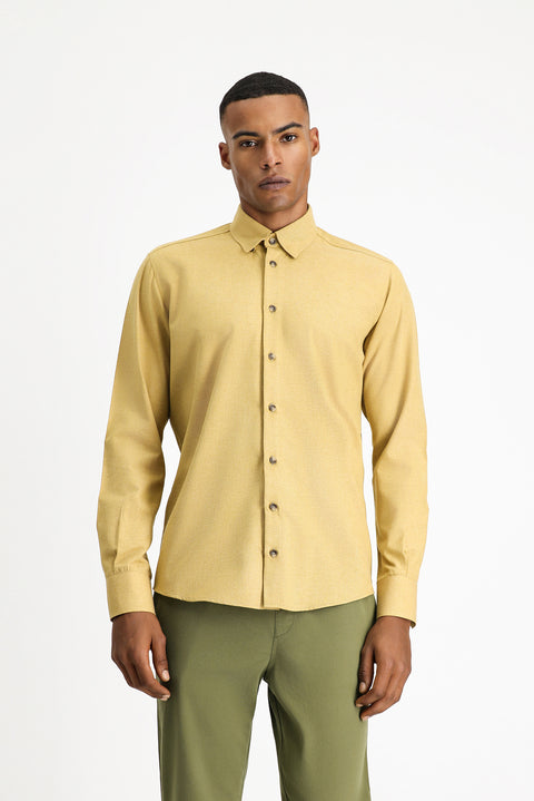 Hardal Uzun Kol Slim Fit Dar Kesim Oduncu Spor Pamuklu Düğmeli Yaka Gömlek