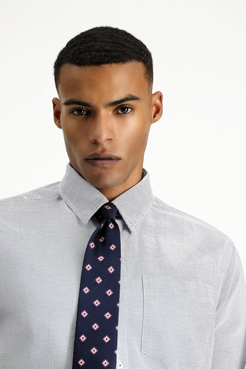 Orta Lacivert Uzun Kol Regular Fit Desenli Pamuk Gömlek