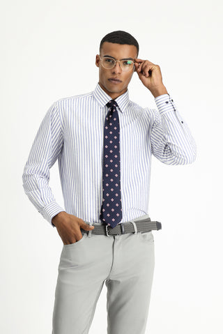  Açık Lacivert Uzun Kol Regular Fit Çizgili Pamuk Gömlek