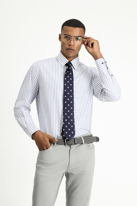 Açık Lacivert Uzun Kol Regular Fit Çizgili Pamuk Gömlek