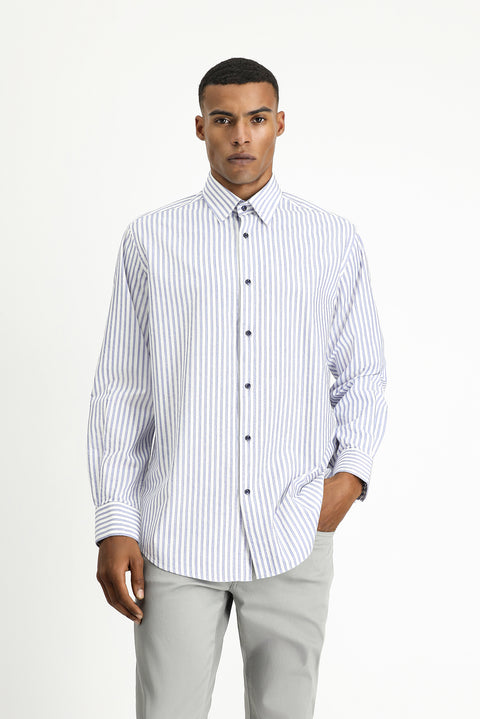 Açık Lacivert Uzun Kol Regular Fit Çizgili Pamuk Gömlek