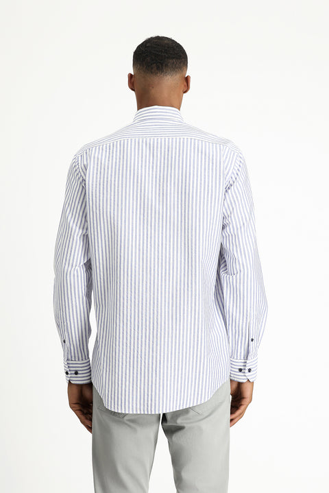 Açık Lacivert Uzun Kol Regular Fit Çizgili Pamuk Gömlek