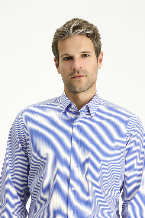 Açık Lacivert Uzun Kol Klasik Çizgili Pamuk Gömlek