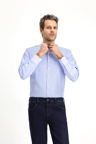  Mavi Uzun Kol Klasik Çizgili Pamuk Gömlek