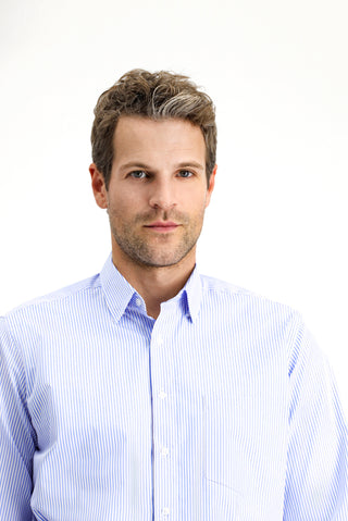  Mavi Uzun Kol Klasik Çizgili Pamuk Gömlek