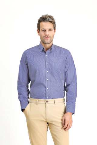  Koyu Lacivert Uzun Kol Klasik Çizgili Pamuk Gömlek-Ki??l?