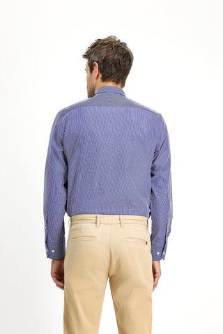  Koyu Lacivert Uzun Kol Klasik Çizgili Pamuk Gömlek-Ki??l?