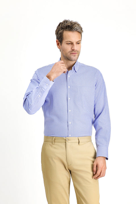 Açık Lacivert Uzun Kol Klasik Ekose Pamuk Gömlek