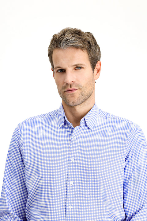 Açık Lacivert Uzun Kol Klasik Ekose Pamuk Gömlek