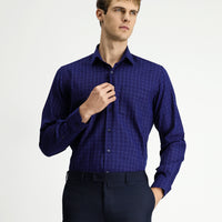 Orta Lacivert Uzun Kol Klasik Cepli Ekose Pamuk Gömlek