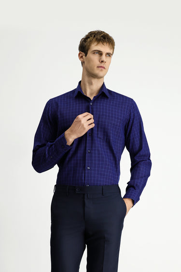  Orta Lacivert Uzun Kol Klasik Cepli Ekose Pamuk Gömlek