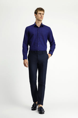  Orta Lacivert Uzun Kol Klasik Cepli Ekose Pamuk Gömlek