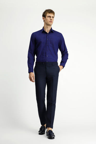  Orta Lacivert Uzun Kol Klasik Cepli Ekose Pamuk Gömlek