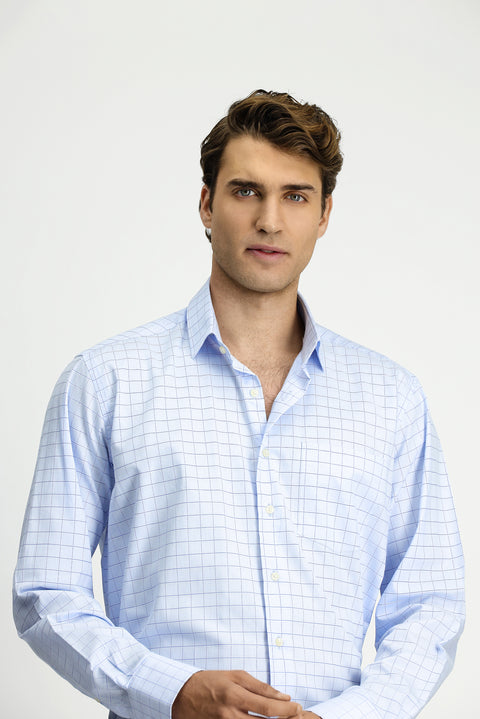 Açık Mavi Uzun Kol Klasik Cepli Ekose Pamuk Gömlek