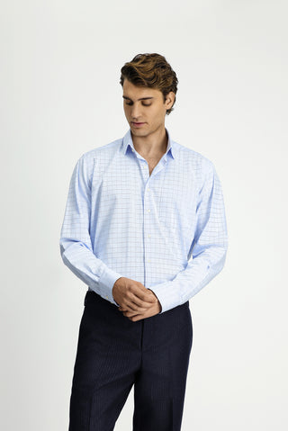  Açık Mavi Uzun Kol Klasik Cepli Ekose Pamuk Gömlek