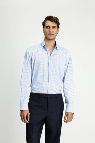  Açık Mavi Uzun Kol Klasik Cepli Ekose Pamuk Gömlek