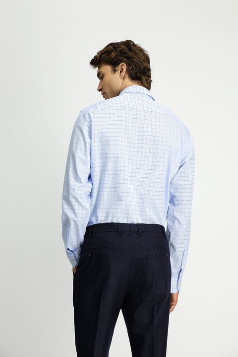 Açık Mavi Uzun Kol Klasik Cepli Ekose Pamuk Gömlek