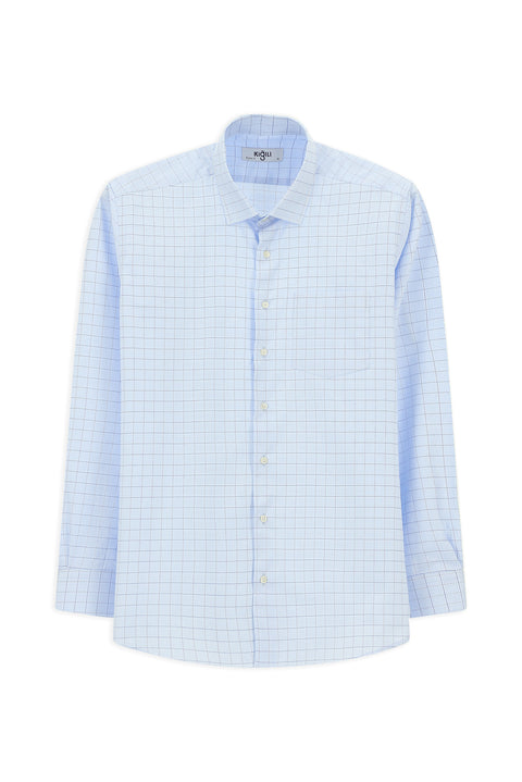 Açık Mavi Uzun Kol Klasik Cepli Ekose Pamuk Gömlek