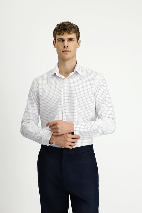 Beyaz Uzun Kol Regular Fit Pamuk Ekose Gömlek