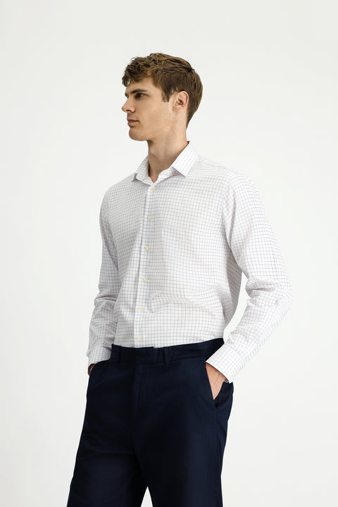 Beyaz Uzun Kol Regular Fit Pamuk Ekose Gömlek