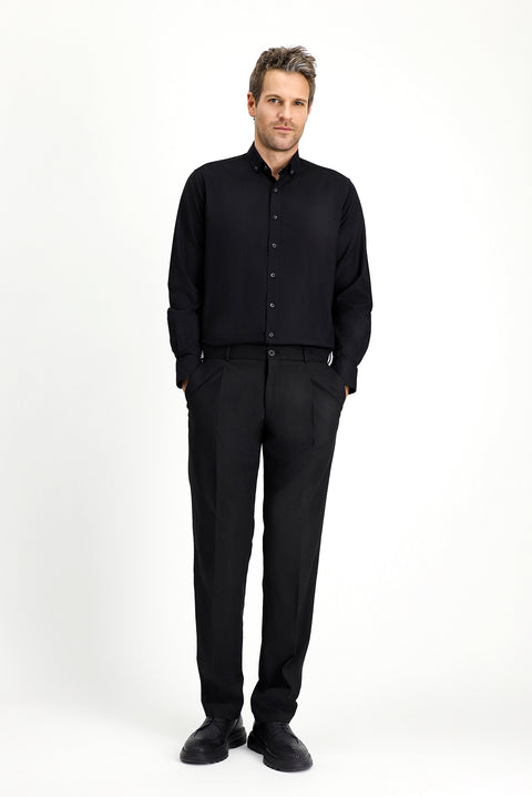 Siyah Uzun Kol Regular Fit Spor Pamuk Düğmeli Yaka Oxford Gömlek