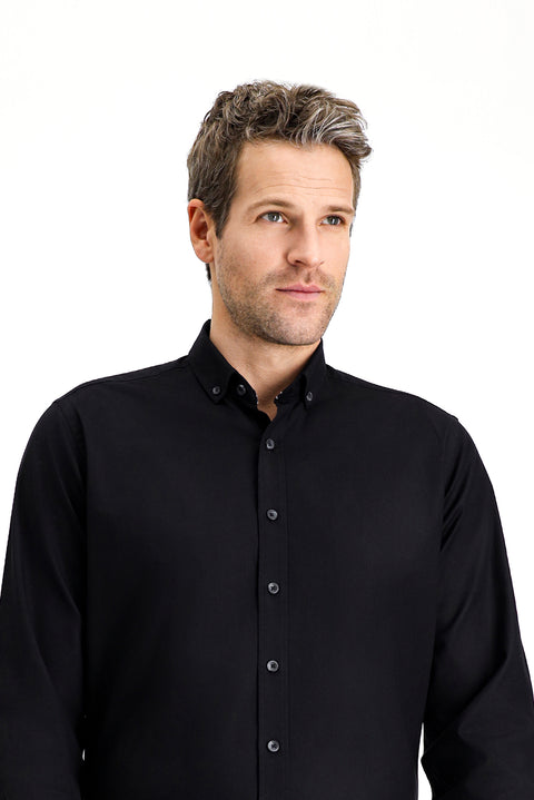 Siyah Uzun Kol Regular Fit Spor Pamuk Düğmeli Yaka Oxford Gömlek