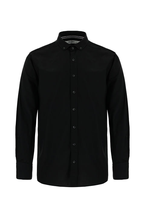 Siyah Uzun Kol Regular Fit Spor Pamuk Düğmeli Yaka Oxford Gömlek