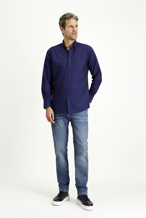 Orta Lacivert Uzun Kol Regular Fit Spor Pamuk Düğmeli Yaka Oxford Gömlek