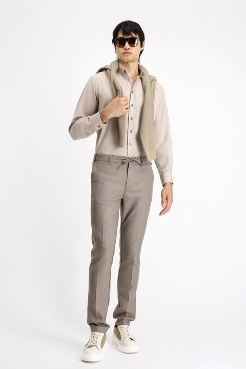 Orta Bej Uzun Kol Regular Fit Spor Pamuk Düğmeli Yaka Oxford Gömlek