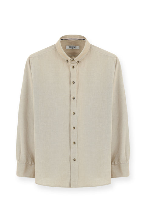 Orta Bej Uzun Kol Regular Fit Spor Pamuk Düğmeli Yaka Oxford Gömlek