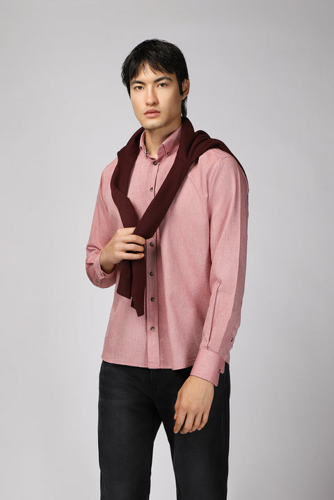 Açık Kırmızı Uzun Kol Regular Fit Spor Pamuk Düğmeli Yaka Oxford Gömlek