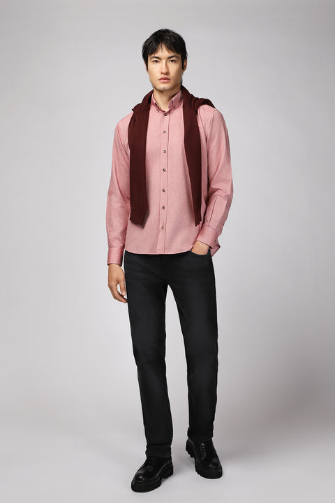 Açık Kırmızı Uzun Kol Regular Fit Spor Pamuk Düğmeli Yaka Oxford Gömlek