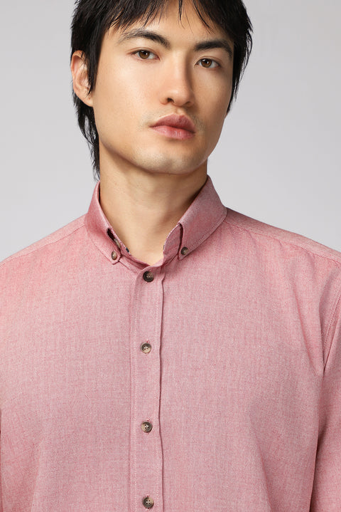 Açık Kırmızı Uzun Kol Regular Fit Spor Pamuk Düğmeli Yaka Oxford Gömlek