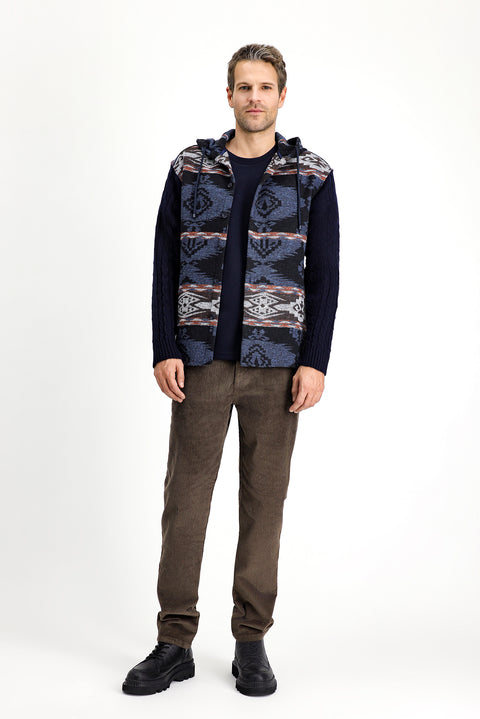 Orta Lacivert Kapüşonlu Uzun Kol Oversize Desenli Shacket Oduncu Pamuklu Gömlek / Mont