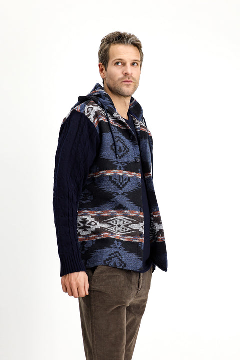 Orta Lacivert Kapüşonlu Uzun Kol Oversize Desenli Shacket Oduncu Pamuklu Gömlek / Mont