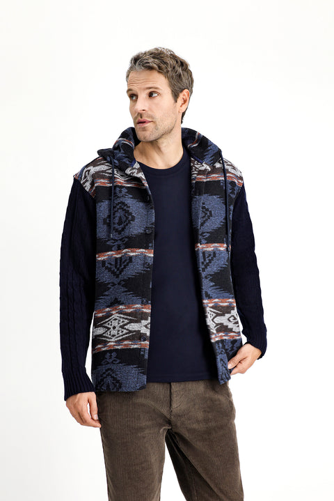 Orta Lacivert Kapüşonlu Uzun Kol Oversize Desenli Shacket Oduncu Pamuklu Gömlek / Mont