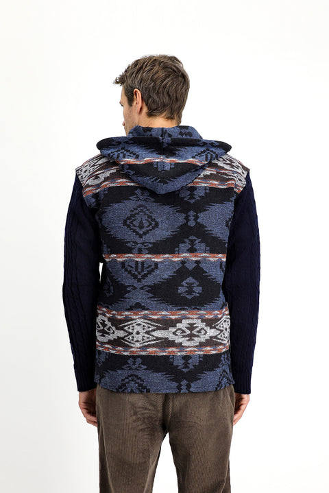 Orta Lacivert Kapüşonlu Uzun Kol Oversize Desenli Shacket Oduncu Pamuklu Gömlek / Mont